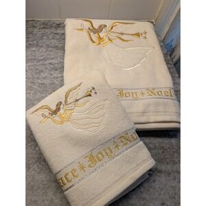 Santens Vtg Christmas Cream Towel Set -Angels, Stars Season's Greetings USA Made